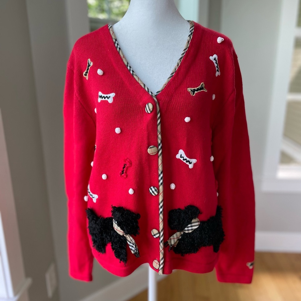Vintage Jack B. Quick Red Plaid Dog Embroidered Cardigan Sweater Size Medium